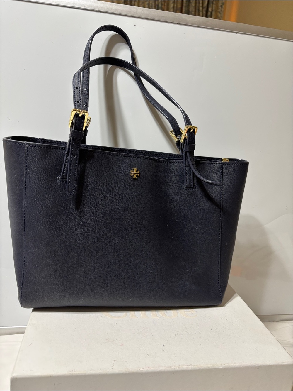 Tory Burch Navy blue Saffiano Leather Tote with Gold Hardware. EUC